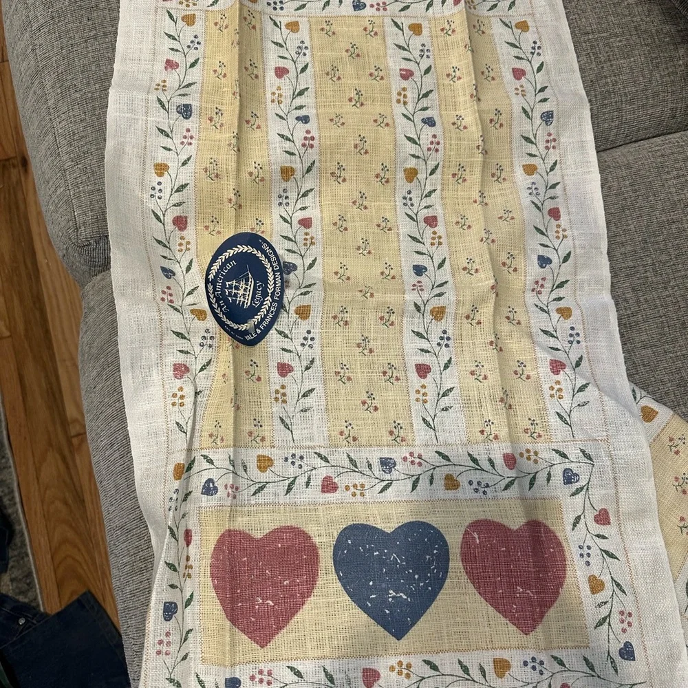 Vintage linen kitchen tea towel Yale & Frances Forman Designs blue/pink hearts